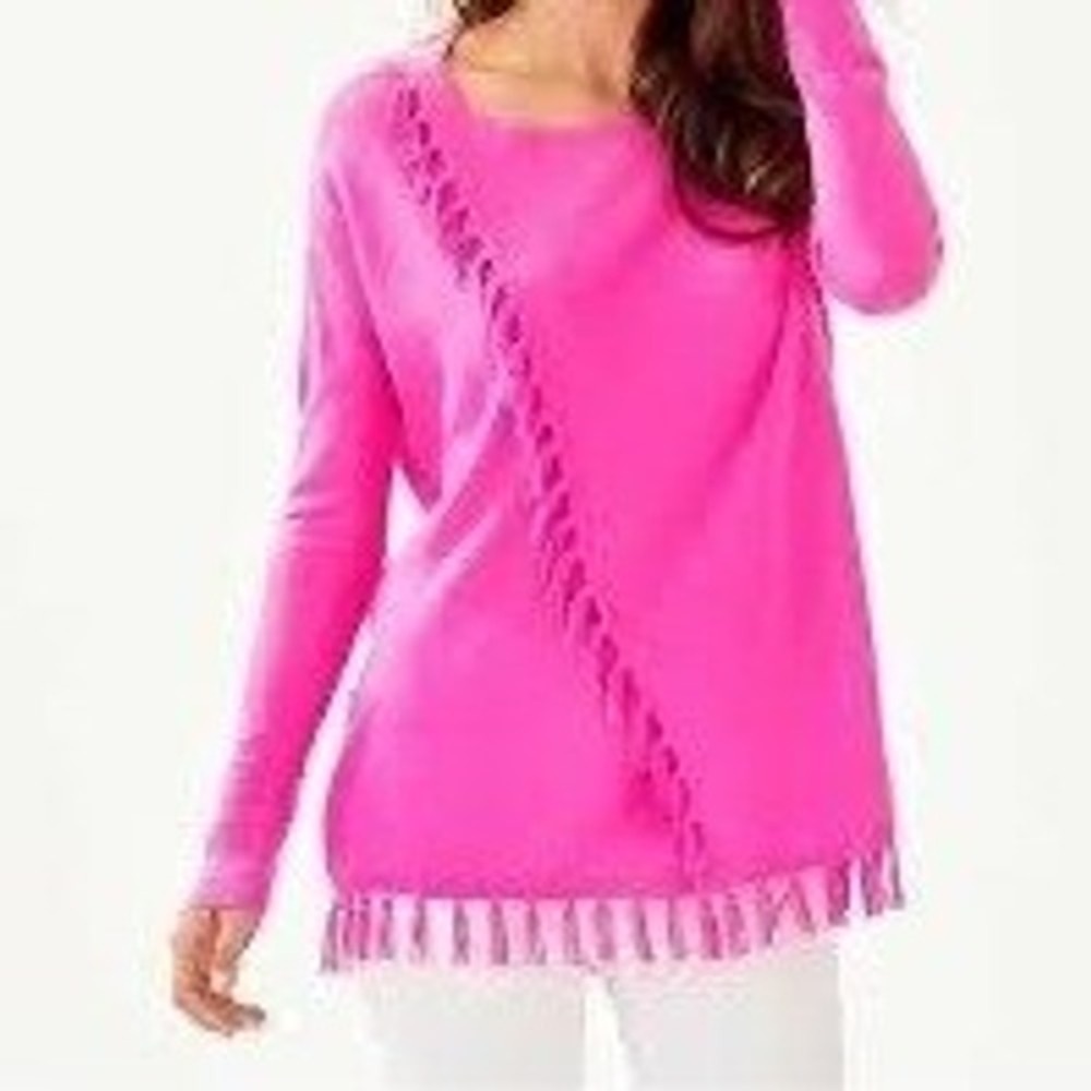Lilly Pulitzer Emberly Women's Sweater Mandevilla Pink, Fringe Detail, Spring L